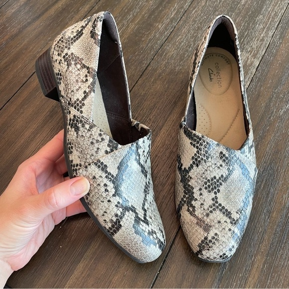 Clarks Collection Juliet Palm Heeled Loafers in Taupe Snake Faux Leather - Picture 1 of 8